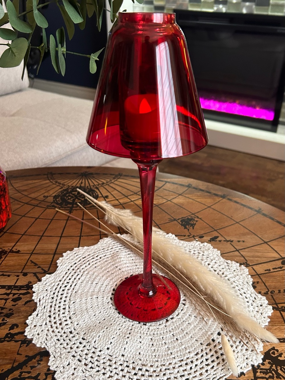 Vintage Ruby Red Glass Fairy Lamp | Elegant Candle Holder | Romantic Vintage